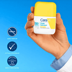 Le Fluide Hydratant Invisible SPF50+ CeraVe offre une protection solaire invisible sur toutes les carnations sans effet gras.