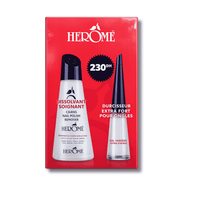 Coffret HEROME avec durcisseur extra fort pour ongles et dissolvant soignant sans acétone sur fond rouge professionnel