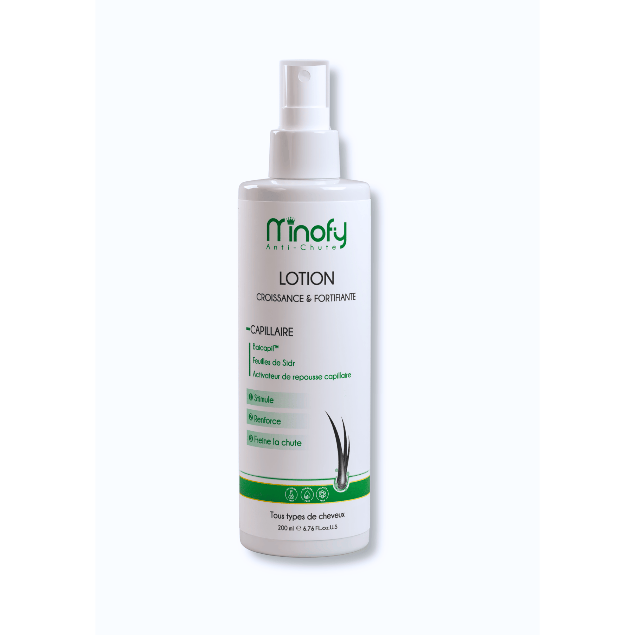 Flacon Minofy Lotion enrichi en Sider et Biacapil pour renforcer les cheveux et réduire la chute