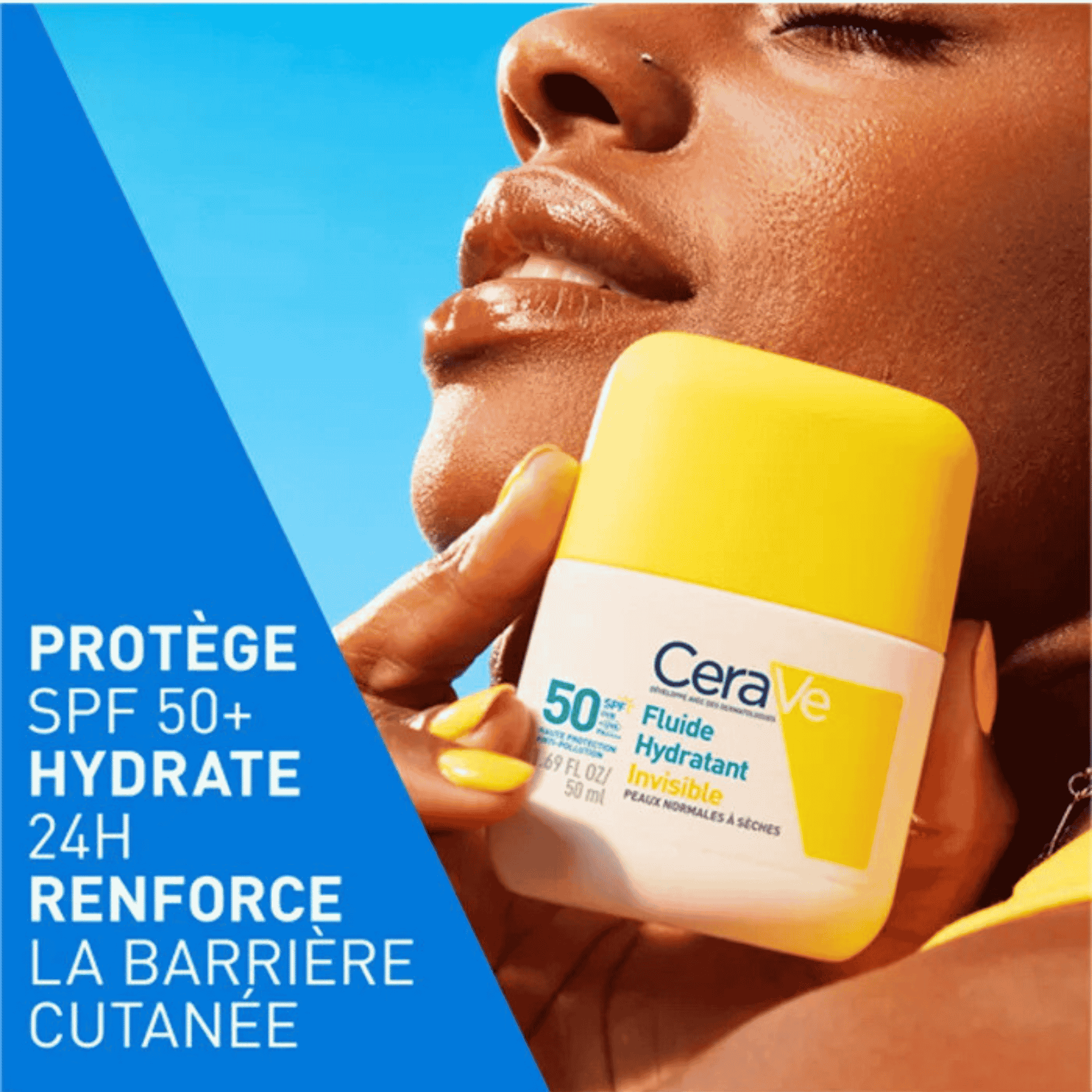 Avant et après application du CeraVe Fluide Hydratant Invisible SPF50+ montrant un fini invisible sans traces blanches.