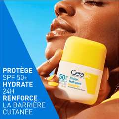 Avant et après application du CeraVe Fluide Hydratant Invisible SPF50+ montrant un fini invisible sans traces blanches.